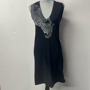BCBG brand sleeveless tshirt fabric dress with black and gray leopard.
